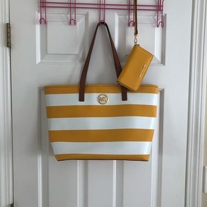 Michael Kors yellow/white striped tote & wallet